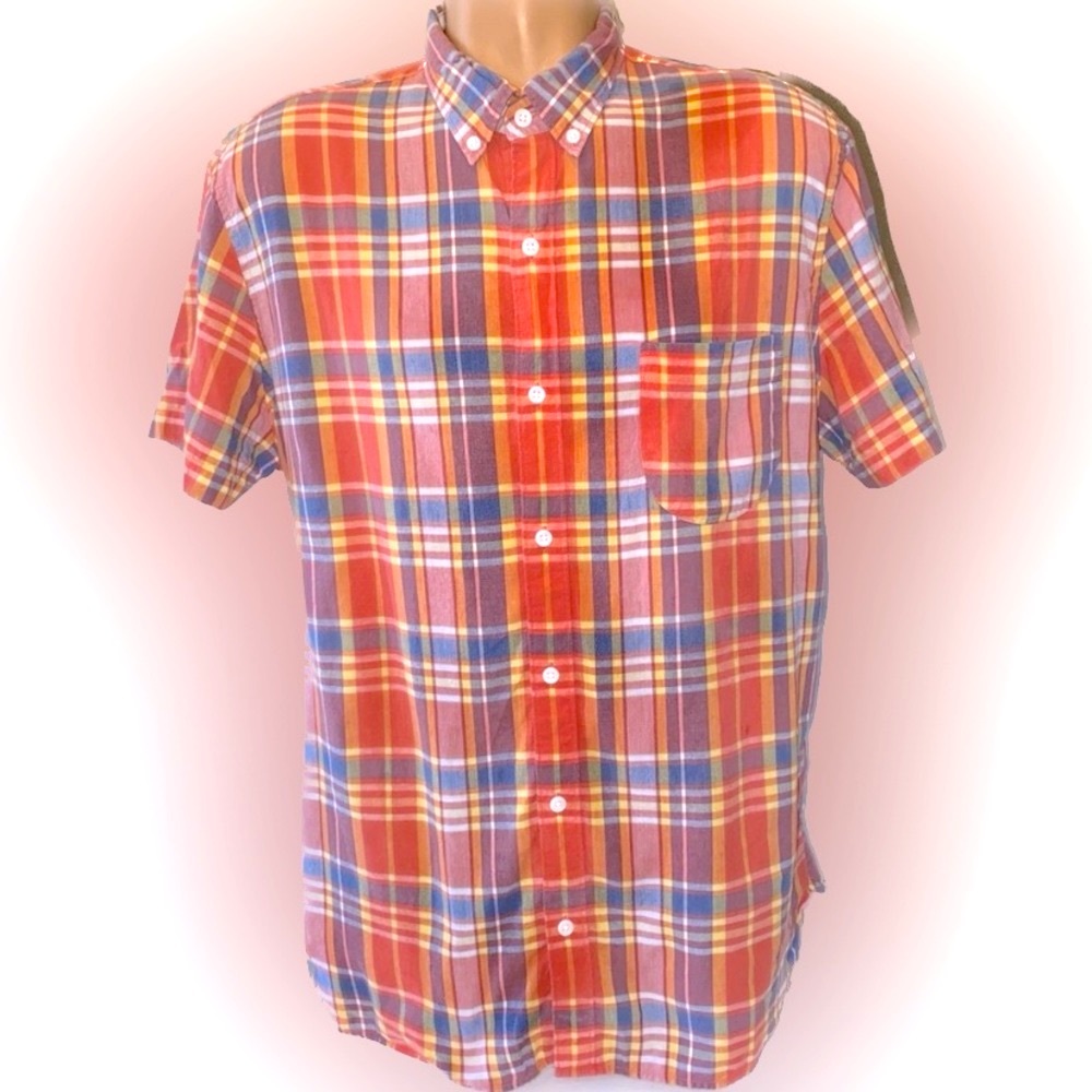 J Crew Classic Bright Plaid Shirt Mens XL Button down collar short sleeve